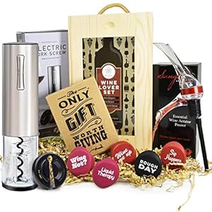 Wine Gifts Set – Luxurious Wine Accessories Set with Wooden Box- Wine Set includes Rechargeable Wine Opener, Aerator…