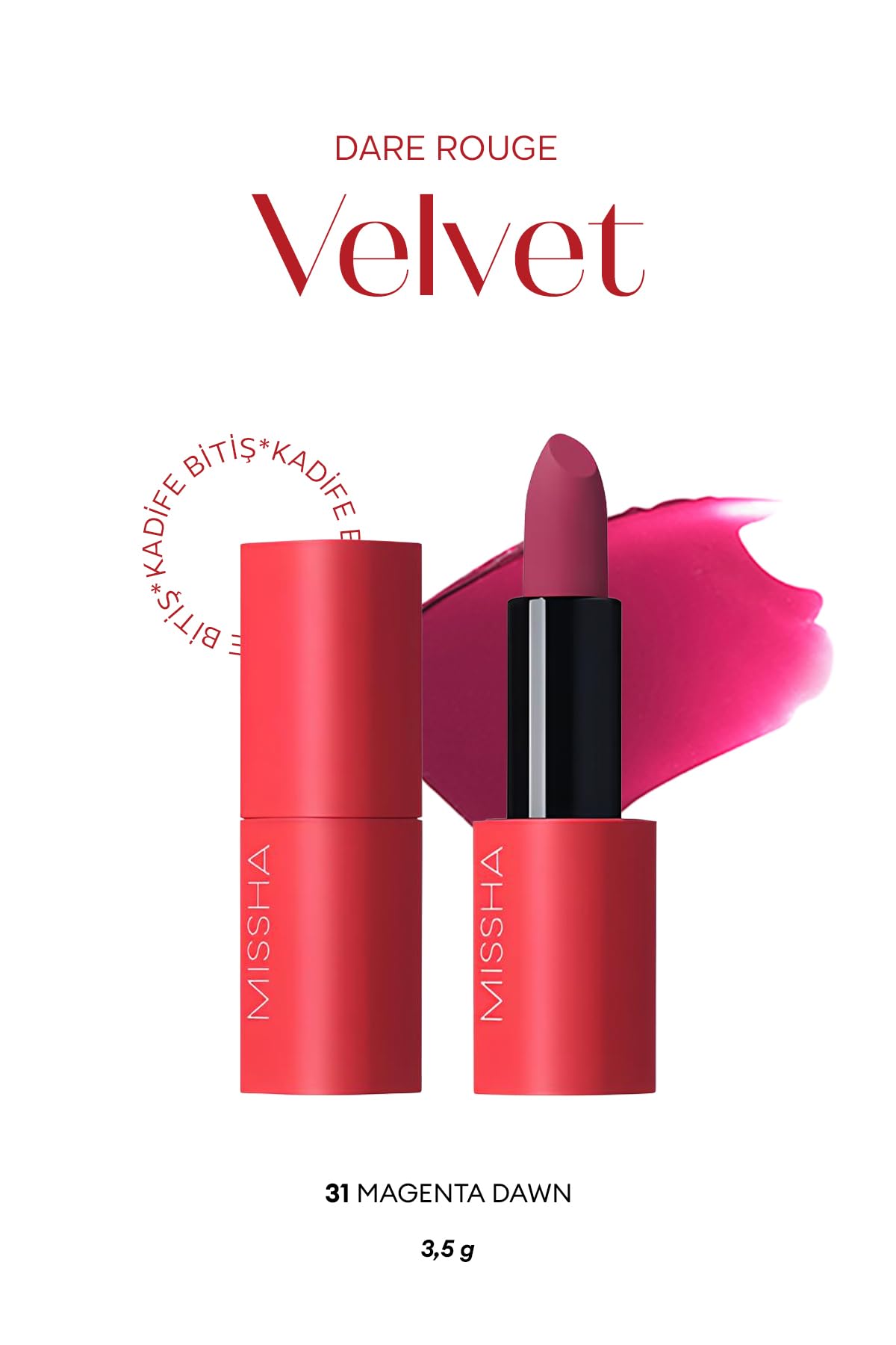 MISSHA Yoğun Pigmentli, Blur Etkili, Nemli Kadife Bitişli Ruj Dare Rouge Velvet (No.31 Magenta Dawn) No.31 Magenta Dawn