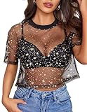 Avidlove Womens Mesh Short Sleeve Tops Crew Neck Sexy See Through Tee Shirts Party Club Night Lace Blouse (Black Gold Star, Small)