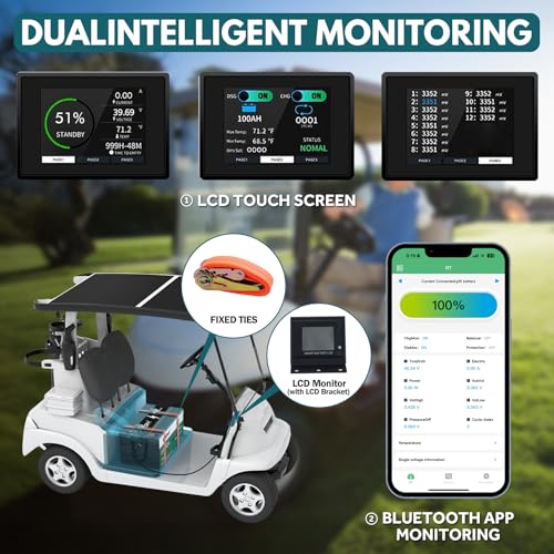 36V Lithium Golf Cart Battery Conversion Kit, 200A BMS(1000A Peak Current), with Touch Monitor and Retention Strap, 4000+ Cycles 36V Lithium Battery with Charger Perfect for Golf Carts(102AH)