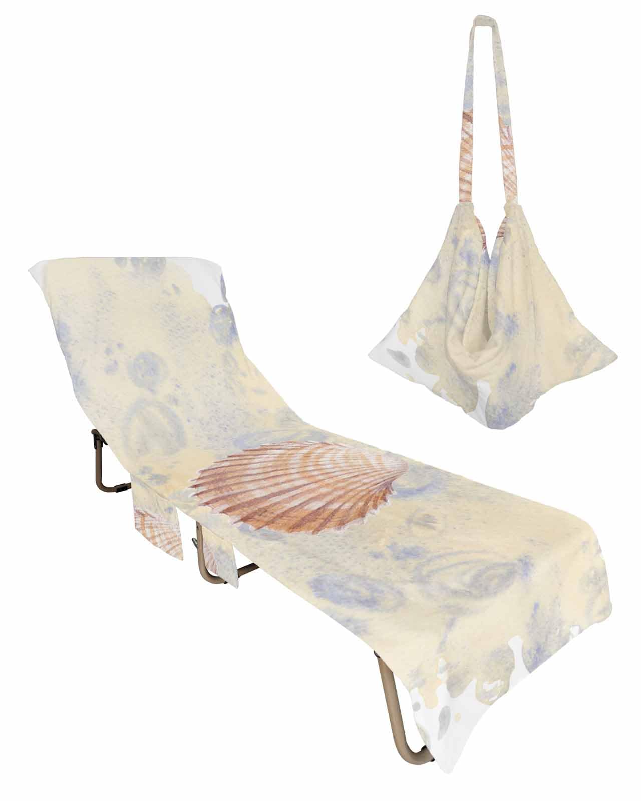 Coastal Shell Beach Lounge Chair Towel Cover, Soft Chaise Lounge Towel with Side Pockets Patio Pool Chairs Cover for Beach/Pool Sunbathing 29x85 Watercolor Ocean Nautical Beach Seaside
