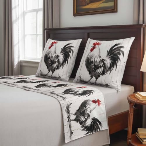Rooster Beds Runner and 2 Matching Pillow Covers Rustic Farmhouse Watercolor Black White Animal Wood Grain Bed Runner Set, Throw Cushion Cover Bedding Scarves for Guesthouse, Hotel Decor 102 x 20 inch - Image 3