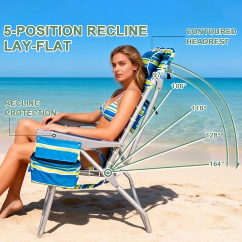 Image of Romswi Tall Beach Chair Extra Wide for Adults, 17 inch High Seat Backpack Beach Chair with Cooler Bag, Cup & Phone Holder, 5-Position High Back Reclining Chair with Towel Bar & Zipper Pocket, Blue Stripes