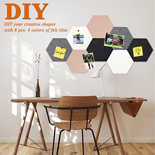 HULAVO 8Pcs Hexagon Felt Cork Board Tiles, Self Adhesive DIY Bulletin Board Pin Board for Office School Home Wall Decor Stickers Memos Photos Display (Camel & Grey) — view 3