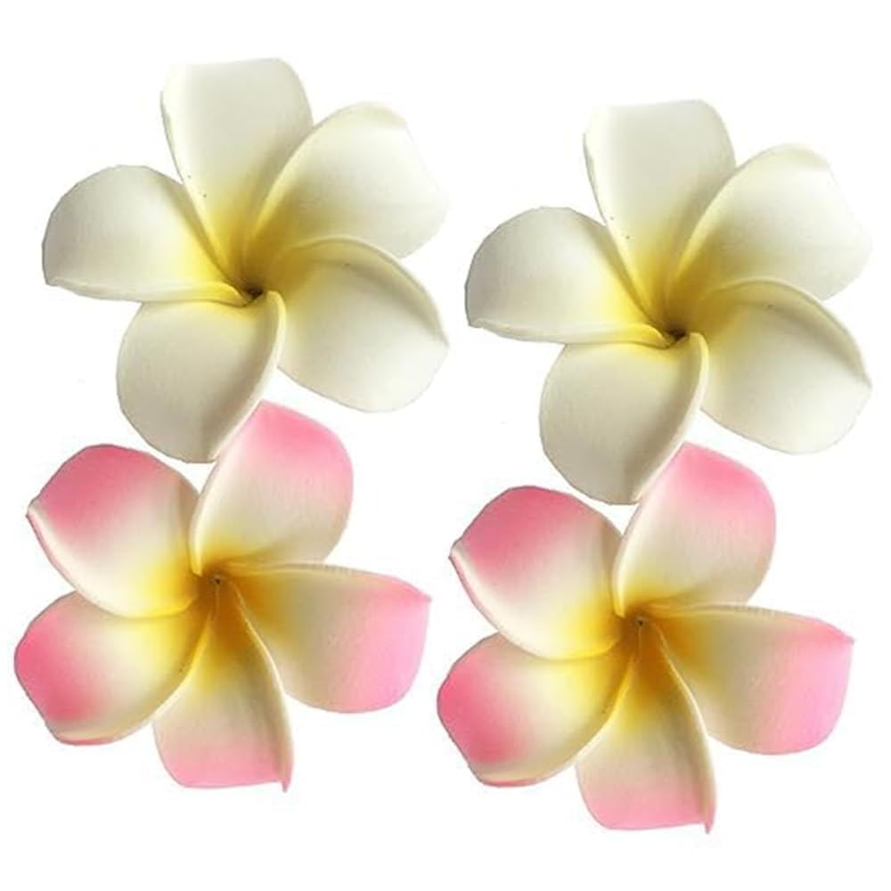 Muiltvoe 4 Pcs White and Pink Hawaiian Frangipani Plumeria Foam Head Flower Party Beach Hair Clip Barrettes Hair Accessories Clips (7cm)