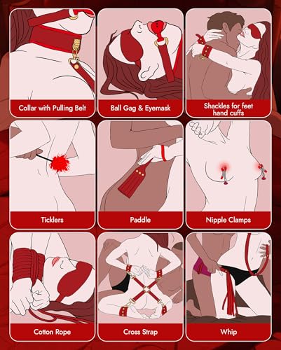 Image of UTIMI Upgrade 11PCS BDSM Bondage Restraints Sex Toys Kit, Red | Adjustable Handcuffs, Collar, Ankle Cuff, Blindfold, Feather Tickler, Adult Games Sex Toys for Couples Foreplay