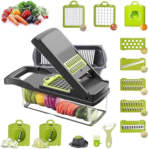 Image of GIB cleaningtool Vegetable Chopper Onion Chopper Pro Spiralizer Multifunctional 15 in 1 Food Chopper, Kitchen Mandoline Slicer Veggie Cutter Dicer With 10 Blades, Potato Tomato Garlic Salad Chopper with Container.