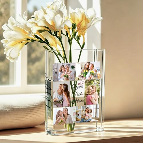 Vaso per libri in acrilico personalizzato con testo fotografico personalizzato, vaso di fiori a forma di libro trasparente, vaso di memoria personalizzato regalo per mamma, nonna, moglie