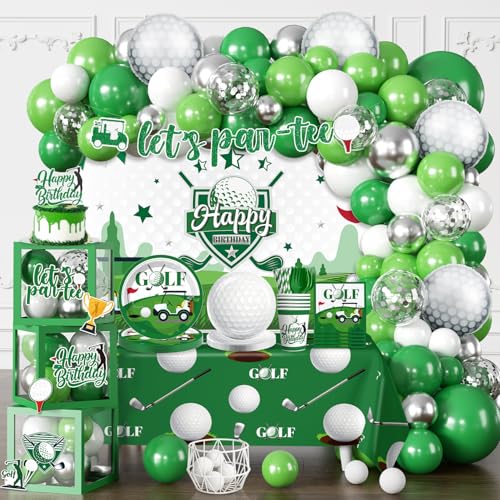 257 Pcs Golf Birthday Decorations, Golf Theme Tableware Serves 25, All-in-1 Pack Includes Plates, Let's Par-Tee Backdrop Tablecloth, Balloon Boxes, Balloon Kit for Golf Party Decorations