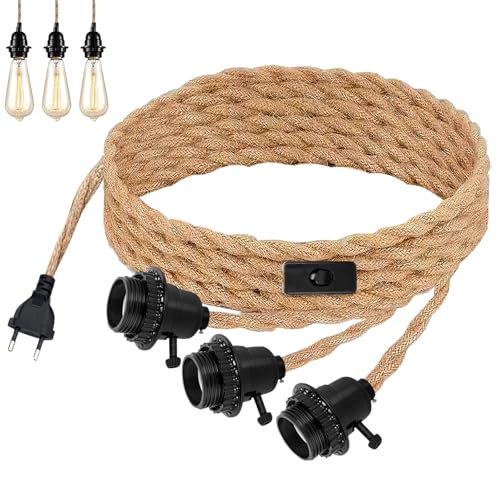 GOEDCH Lampada a sospensione in corda di canapa: attacco E27 con spina, lampada a sospensione vintage a 3 luci, portalampada a 3 fiamme con cavo da 6,8 m con interruttore, corda di canapa a