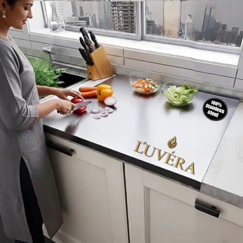 Image of L'UVERA 100% Stainless Steel Kitchen Chopping Board for Cutting Vegetables, Meat & Fruits | Rust-Proof, Odor-Free, Hygienic Food Prep | Durable, Knife-Friendly Surface | Large 36x31 CM