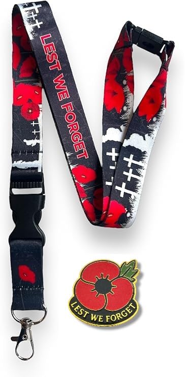 PAC Supplies Global Lest We Forget - Poppy Memorial Lanyard with Safety Breakaway & Matching Poppy Pin Badge