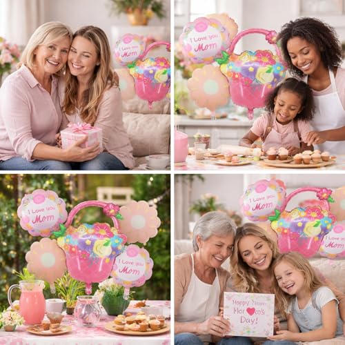 Image of Rozi Decoration Mother's Day Foil Balloon Set Pack of 5 - Floral Basket Shape Balloon with I Love You Mom Printed Round Balloons & Flower Shape Balloons for Party Decoration