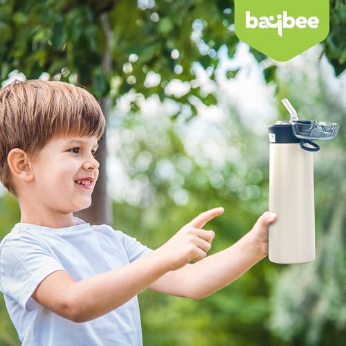 Image of BAYBEE Dreamer Sipper Water Bottle for Kids | Spill Proof Anti-Rust Steel Sipper Water Bottle for Kids with Straw | BPA Free Drinking Training Sippy for School Toddlers Boys Girls (White)