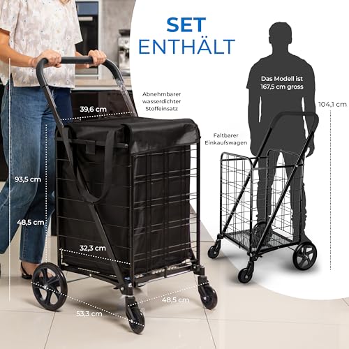 SereneLife Einkaufstrolley, Einkaufswagen Klappbar mit 50L Kapazität, Shopping Trolley belastbar bis 50kg, Einkaufstrolley Treppensteiger aus Metall mit 360° Schwenkbare Rollen, abnehmbare Tasche – Bild 6