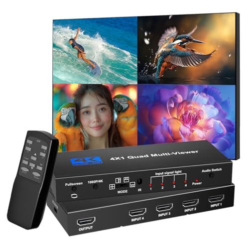 Image of HDMI Multiviewer Switch 4x1 Quad Multi-Viewer 4 in 1 Out Seamless Switching with Remote Control Support 1080P /4K and 5 Display Modes for Security Camera, Gaming Consoles