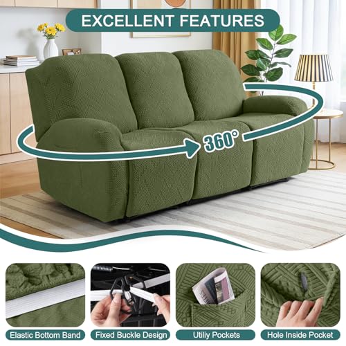 Image of Ruaozz Recliner Couch Covers 3 Pieces Sofa Recliner Covers with Pockets Stretch Reclining Slipcover Washable Furniture Protector with Elastic Bottom (3 Seater, Army Green)