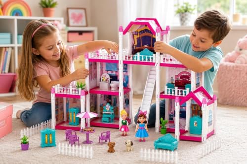 Image of Luxury Villa DIY Doll House Building Set 240 PCS with 7 Rooms, Furniture & Accessories for Girls 7+