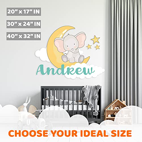Custom Name & Initial Baby Elephant Stars And Clouds Wall Stickers - Prime Series - Baby Girl Or Boy - Nursery Wall Decal For Baby Room Decorations - Mural Wall Decal Sticker For Home Children's Bedroom #TOP2