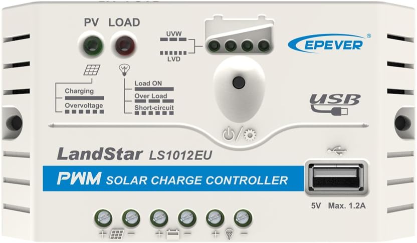 EPEVER Solar Charge Controller 10A 12V LS1012EU with USB Port 5V/1.2A Output PWM Regulator LED Indicator for Off Grid Solar Panel Battery Charging System (LS1012EU)