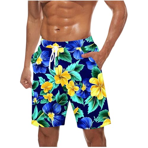 Mens Beach Shorts Plus Size Fashion Hawaiian Print Elastic Waist Lace up Swim Trunks Lightweight Casual Short Pant