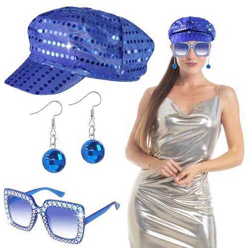 Oerphh 70s Disco Hat Set, 3PCS Sequins Glitter Abba Hat with Bling Sunglasses Disco Earrings, Women Disco Accessories for Adult Dance Theme Party (Blue)