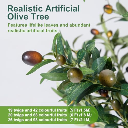 Olive Trees Artificial Indoor, 5FT Tall Faux Olive Tree with Lights Moss and Planter, Artificial Plants Indoor with Natural Wood Trunk and Lifelike Fruits, Fake Tree for Home Office Living Room Decor - Image 5