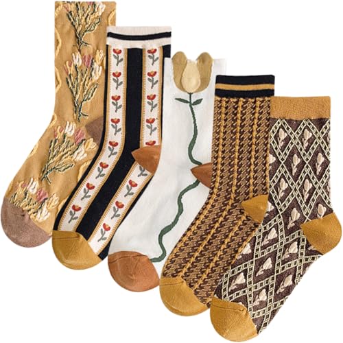 Daphene Womens Retro Floral Socks | Cozy Cotton Vintage Jacquard Patterns | Stretch Breathable Skin-Friendly | Holiday Gift