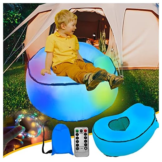Inflatable Chair for Kids Camping Chair, Portable Camping Couch Blow Up Lounger LED Furniture with Colorful String Light, Folding Camp Beach Air Sofa for Children Camping Gifts Bedroom Party Decor