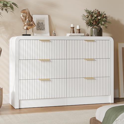 Decofy Fluted Drawers Dresser for Bedroom Wood Dressers with Gold Handles Modern Dressers with Wave Texture Large Storage Chest of Drawers Bedroom Dresser Organizer 47 & 6 Drawers (Pure White)