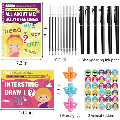 Golinkid Magic Grooved Writing Practice, grooved Handwriting Practice for Kids 8 Books, Preschool workbook for Ages 3-10 with 6 Magic pens 10 Ink Refills, 3 Pencil Grips for Kids Handwriting - Image 5