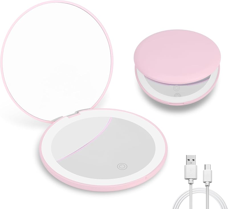 Espelho compacto LED osteplus redondo rosa com ampliação 1x/3x e 2 lados, 9,91 cm