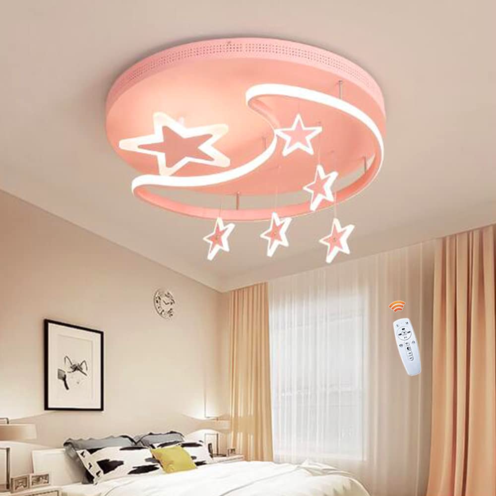 FUMIMID Children's Lamp Modern LED Dimmable Ceiling Light Star Moon Pendant Ceiling Lamp Girls Boys Bedroom Lamp Baby Room Children's Room Living Room Chandelier,Pink,52cm