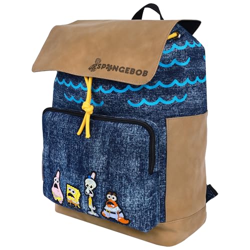 Concept One SpongeBob SquarePants Denim Backpack, Cartoon Bag with Flap, Adjustable Shoulder Straps, Embroidered Character Patches, Blue and Yellow