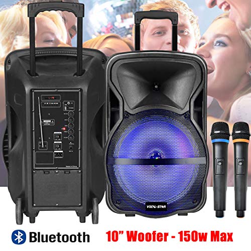 Vocal-Star Portable Bluetooth PA Speaker With Light Effect Including 2 Wireless Microphones 10" Woofer 150W (CX10)