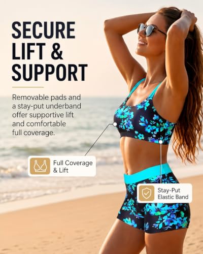 Image of Women's 3 Piece Tankini Swimsuit Tummy Control Bathing Suit with Boy Shorts
