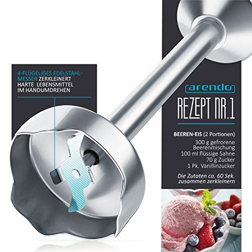 Arendo - Staafmixer 1000 Watt RVS Set - mes met vier vleugels - Staafmixer - Traploze snelheidsregeling - Turboknop - Afneembare mixvoet - Afbeelding 6