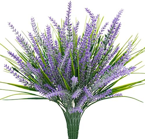 Uieke 6pcs Outdoor Artificial Lavender Plants, 14.5in UV Resistant 3PCS Fake Lavender Flowers with 3 PCS Faux Grass Greenery Stems for Home Kitchen Hanging Planter Garden Patio Décor Purple