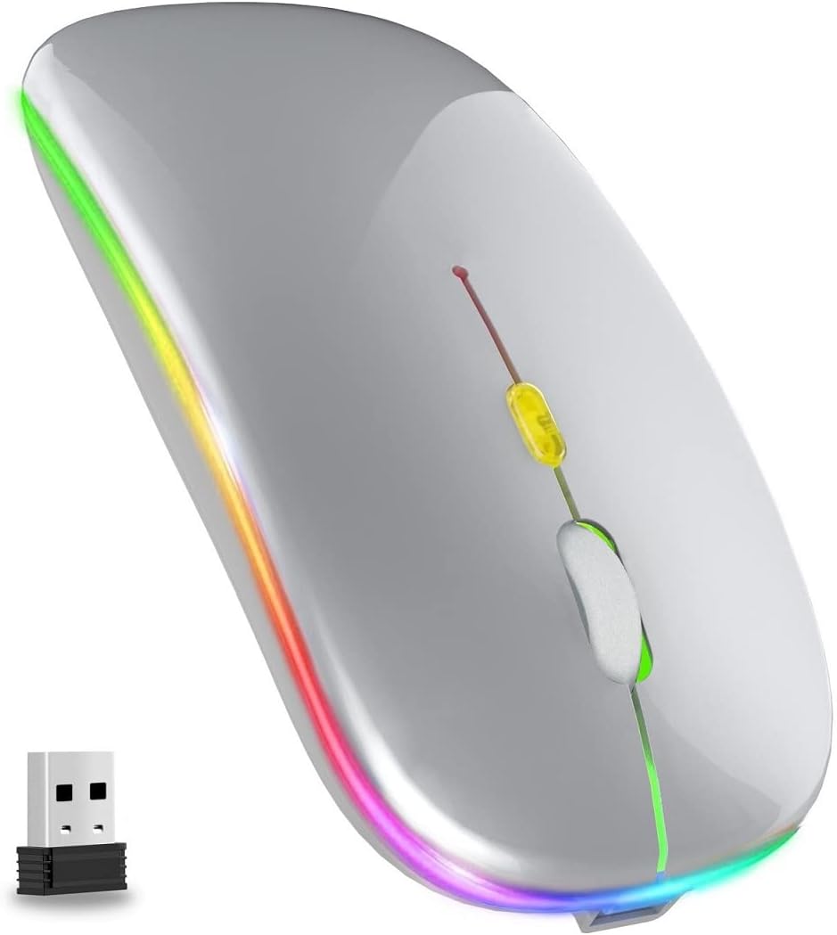 GLOBAL TECH LED Wireless Mouse, Slim Rechargeable Wireless Silent Mouse, 2.4G Portable USB Optical Wireless Cordless Mice with USB Receiver for Laptop, PC, Computer, Mac (Silver)
