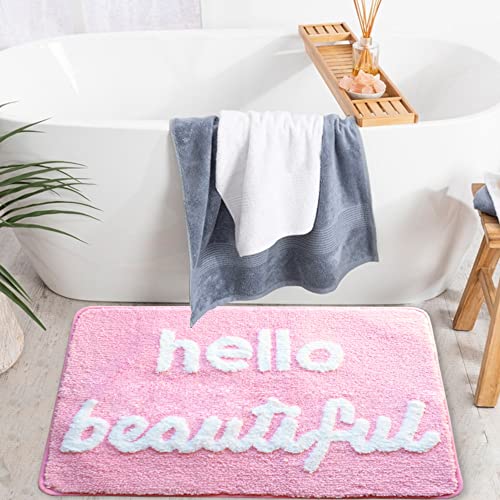 Evovee Hello Beautiful Bath Mat Light Pink Blush Peach Coral Cute Bathroom Rugs For Girls You Look Good Gorgeous Funny Shower Fun Bathroom Decor Non-Slip Washable Kids Women #TOP4