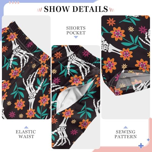 Skull Hand and Flowers Boys Long Pants Soft Trousers Elastic Waist Kids Lounge Bottoms with Pockets S-XL4