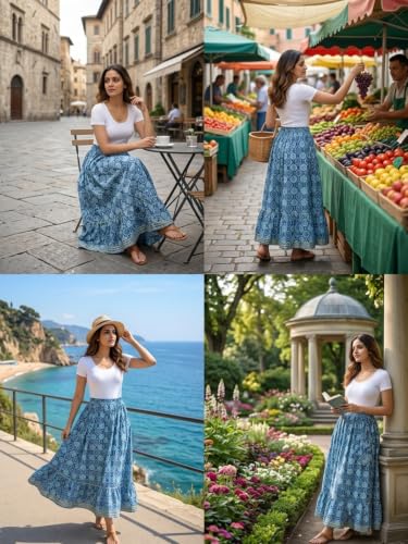 Image of GRECIILOOKS Women's Casual Summer Beach Skirts | Maxi Skirt for Women High Waist | Boho Ethnic Flared Skirts | Indian Long Skirt Rayon Printed | Elastic Waist Long Skirt's for Women