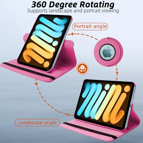 Image of TGK 360 Rotatable Smart Flip Cover for iPad mini 7 Case A17 Pro 2024, iPad mini 7th /6th Generation 8.3 inch (Hot Pink)