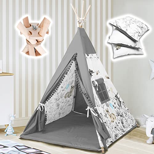 PaLulli Tipi Spielzelt für Kinder mit Matte & Anti-Kollaps-System & 3 Dekokissen Baumwolle- Segeltuch Kinderzelt (Bambi Grey) Cover