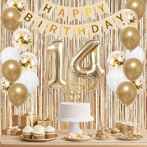 Image of Trgowaul 14th Birthday Decorations for Girls, Banner, Sash and Crown, Cake Topper, 14 Number Balloon, Fringe Curtains, Champagne Gold 14th Birthday Party Supplies