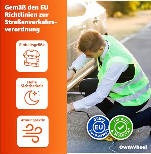 OwnWheel 4X Warnweste Auto ISO20471-2026: gelb - reflektierende Sicherheitsweste für PKW & LKW - Notfall & Pannenwesten
