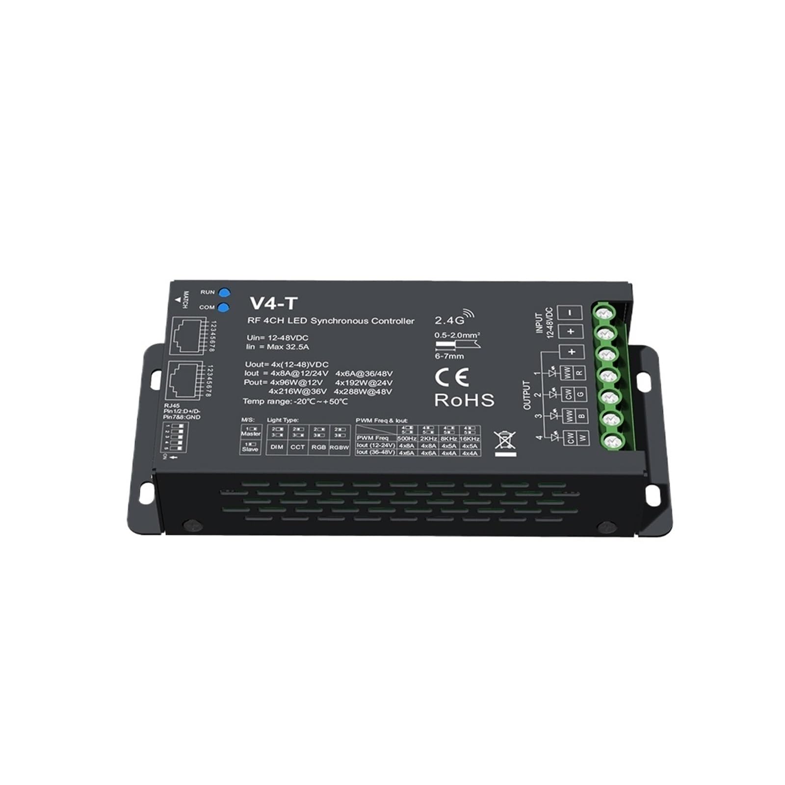 DMX Controller, Synchronous 4 CH LED Controller DMX512 PWM Dimming Master Or Slave Mode 10 RGB Dynamic DC12-48V Match with 2.4G Remote(4 CH LED Controller)
