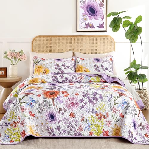 Yiran Purple Floral Quilt Set Queen Size, Lavender Summer Sunflower