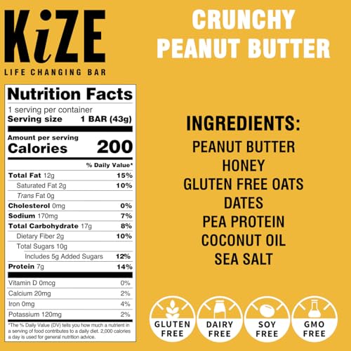 KiZE Energy Bars - Peanut Butter Lovers Variety Pack - Gluten Free, Dairy Free Options, Non-GMO, and High Protein Meal Replacement Energy Bars, Clean and Simple Food Ingredients - 7-10g High Protein Snacks, (10 Count)