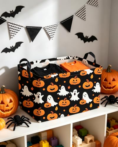 Image of Essme Rectangular Halloween Baskets,Ghost Storage Box,Cute Basket for Kids Room Decor, Book Bins,Shelf Basket.(Balck Ghost